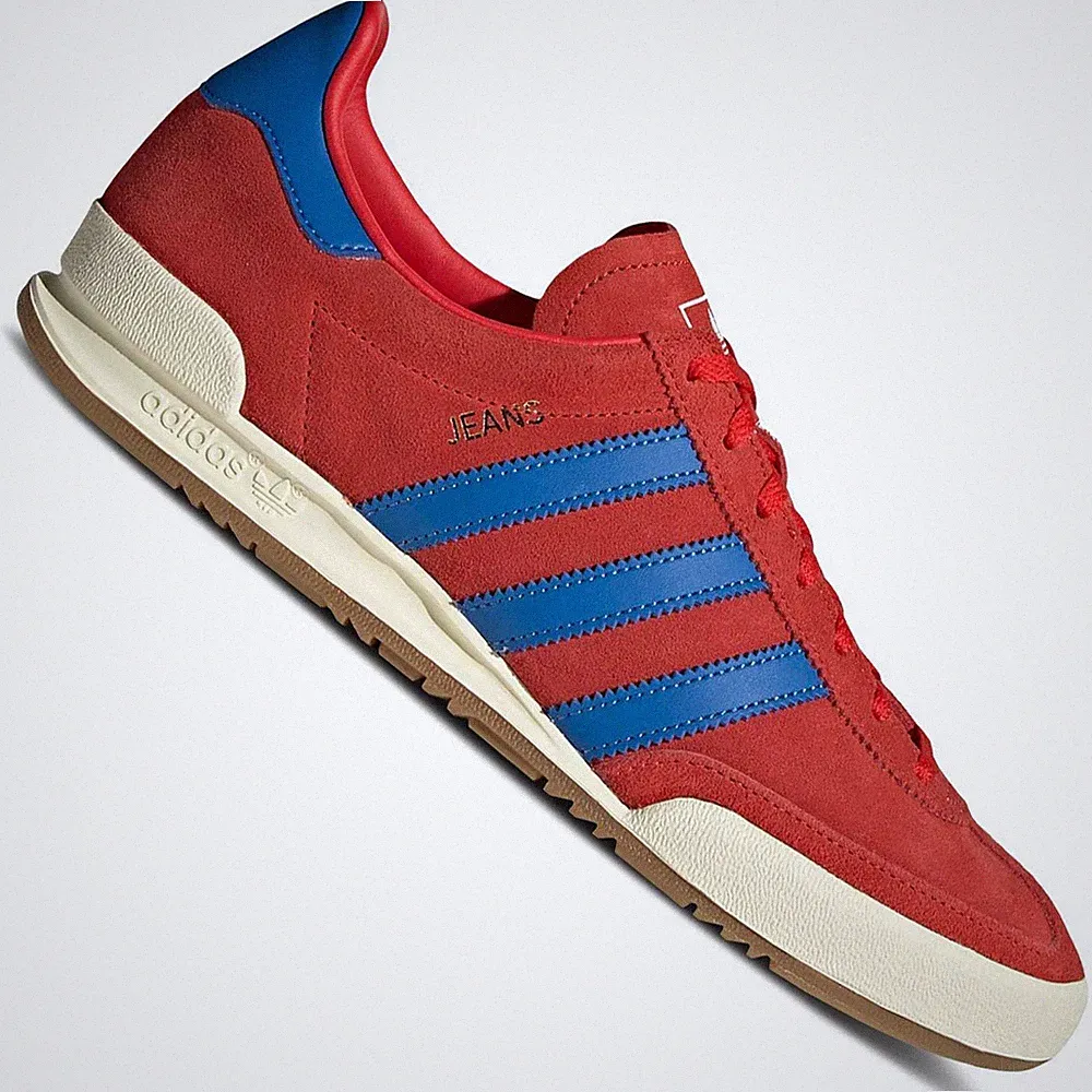 Adidas Originals Jeans Leder Schuhe Rot Wildleder & Blau Streifen UK 12
