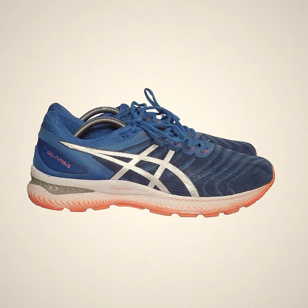 Asics, Laufschuhe, Größe: 46 1/2, Lederimitat, Blau/Orange/Silber, Herren #XIW