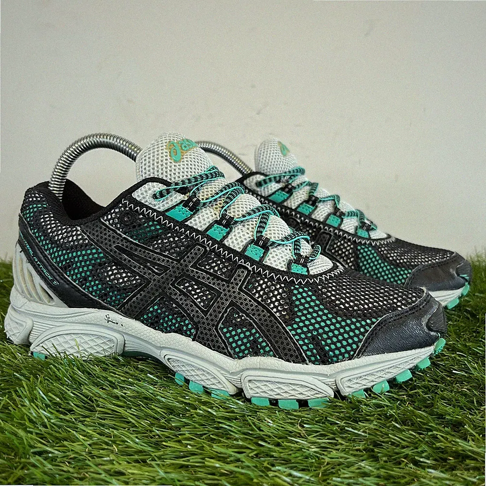 Asics Turnschuhe Größe 4,5 Herren schwarz türkis Mesh Gel-Trail Attack 7 Laufschuhe