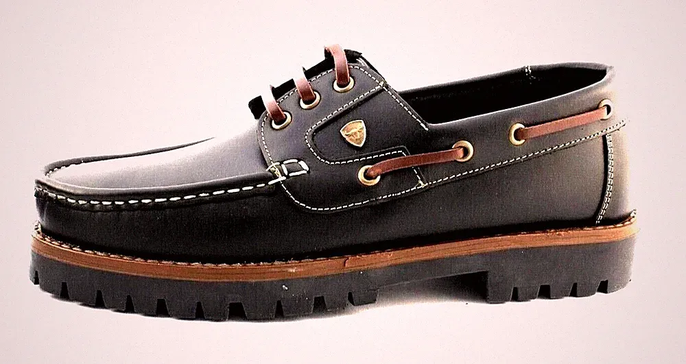 Bootsschuhe Herren schwarz Deckschuhe Segelschuhe Leder Schnürer 3 Eye Boat Shoe