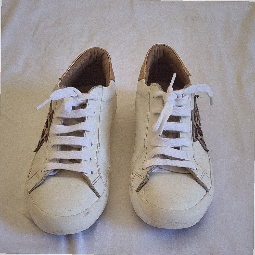 Crown Vintage Damen Sneaker Leder Weiß Schnürer Animalier Absatz Beige EU36