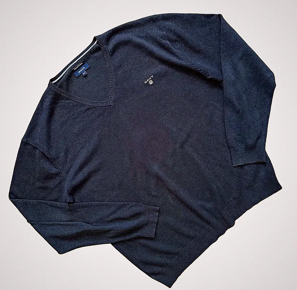 GANT Herren Pullover 2XL Blau V-Ausschnitt Baumwolle Feinstrick Logo Langarm