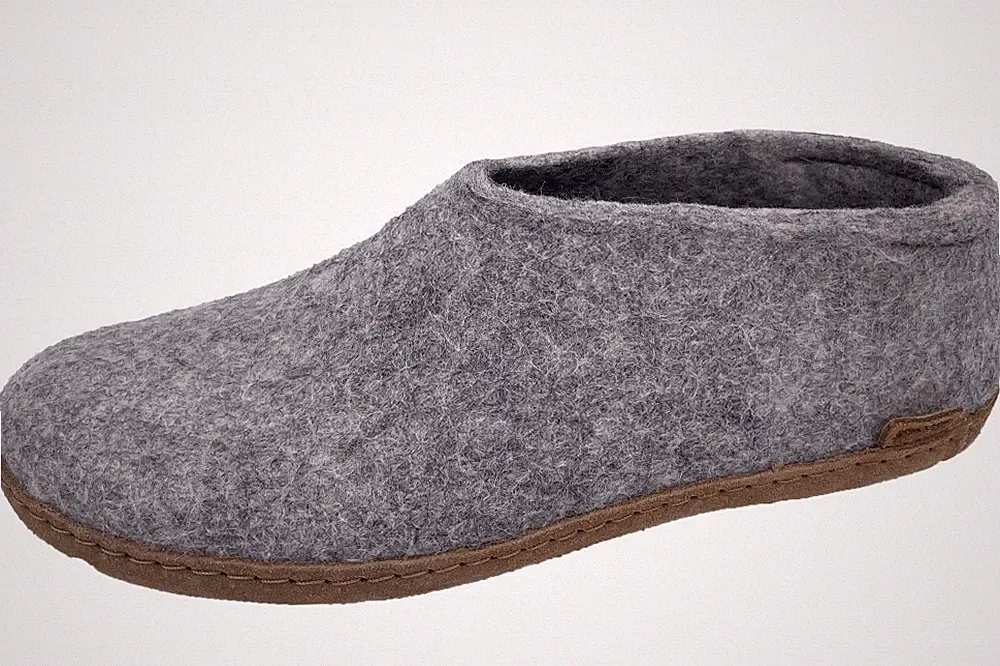 glerups Wollfliz Hausschuh Hellgrau Lederlaufsohle A-01 Grey