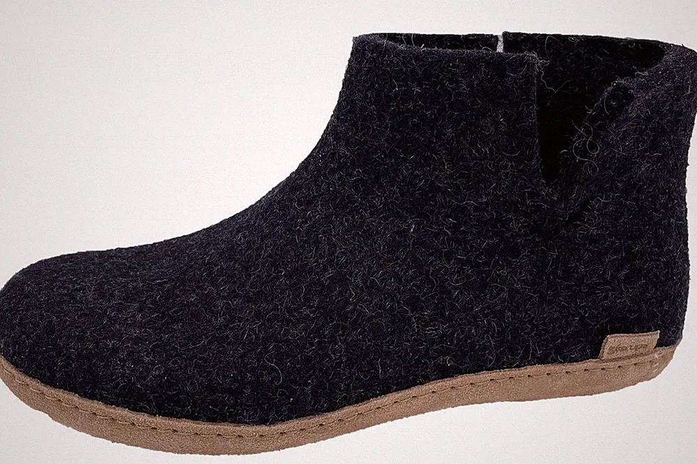 glerups Wollfliz Hausstiefel Dunkelgrau Charcoal Lederlaufsohle Hausschuhe G-02