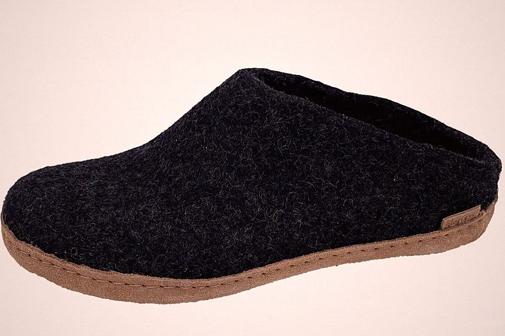 glerups Wollfliz Pantoffel Dunkelgrau Charcoal Lederlaufsohle Hausschuhe B-02