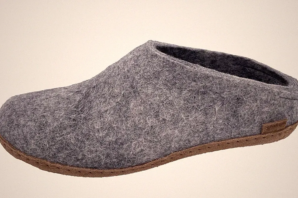 glerups Wollfliz Pantoffel Hellgrau Hausschuhe Lederlaufsohle B-01 Grey