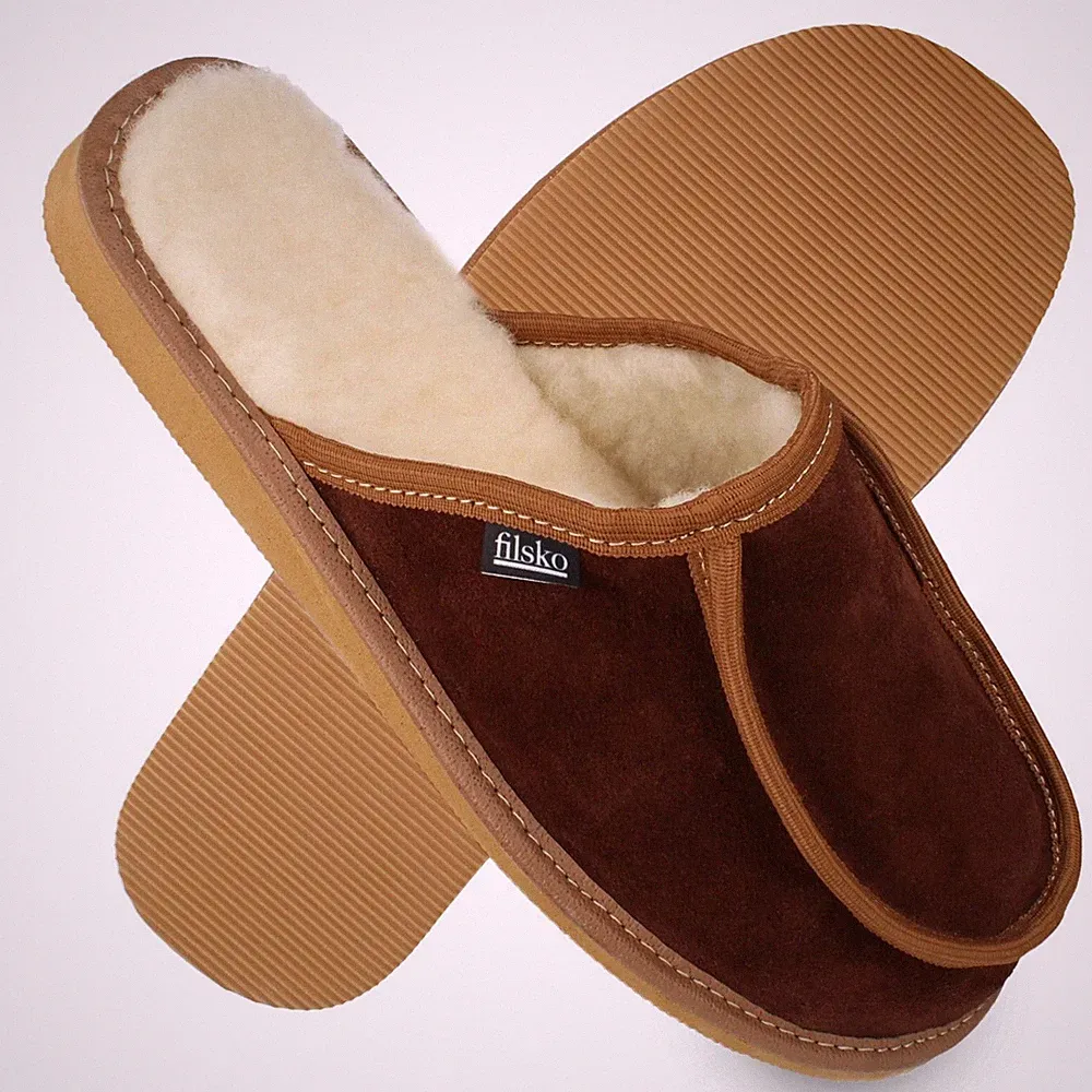 Hausschuhe Leder Herren Damen Velours braun Schafwolle Gr. 36-47 filsko Lunde