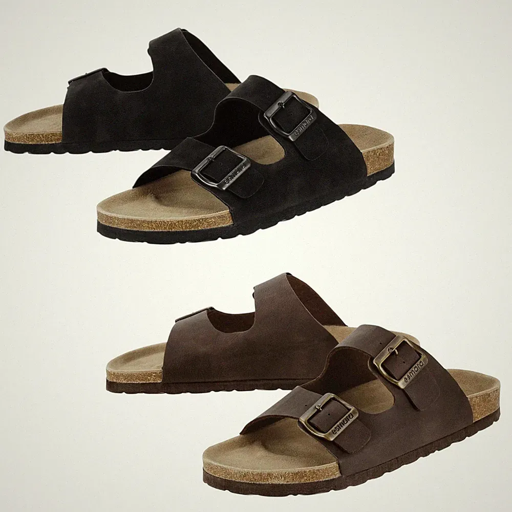 Herren Pantoletten , Lederdecksohle Sandalen Korksohle, Braun , Schwarz