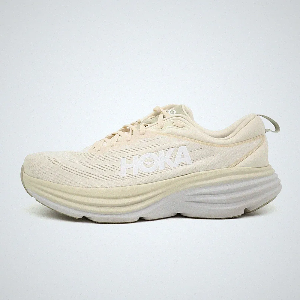 Hoka One Herren Bondi 8 Wide Schuhe Beige Mesh Passform Laufschuhe EU 46⅔