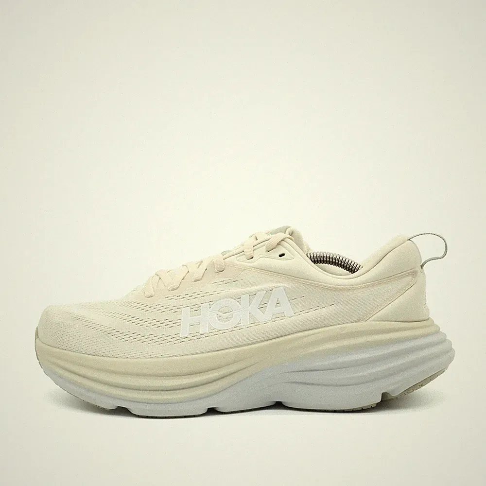Hoka One Herren Bondi 8 Wide Schuhe Creme Mesh Low-Top Weit Laufschuh EU 42