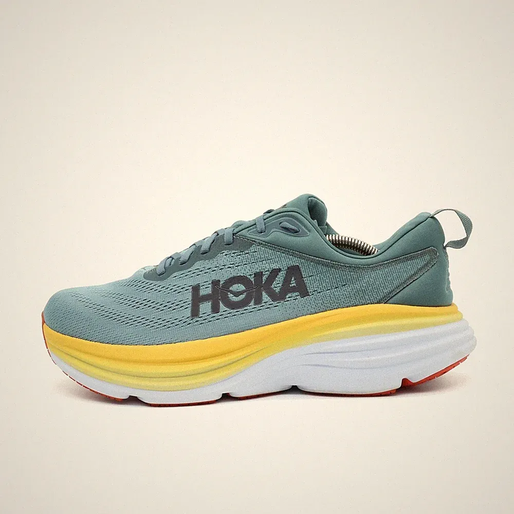 Hoka One Herren Bondi 8 Wide Sportschuh Blau Gelb Weiß Mesh Laufschuhe EU 44 2/3