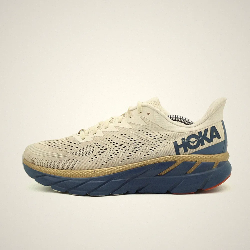 Hoka One Herren Clifton 7 Sneaker Creme/Blau Mesh Low-Top Laufschuh EU 45 1/3