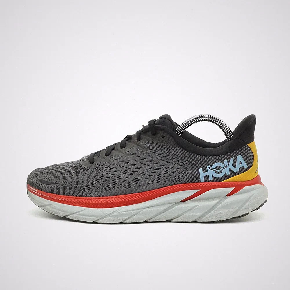Hoka One Herren Clifton 8 Sportschuhe Grau Gelb Rot Mesh Laufschuhe EU 41 1/3