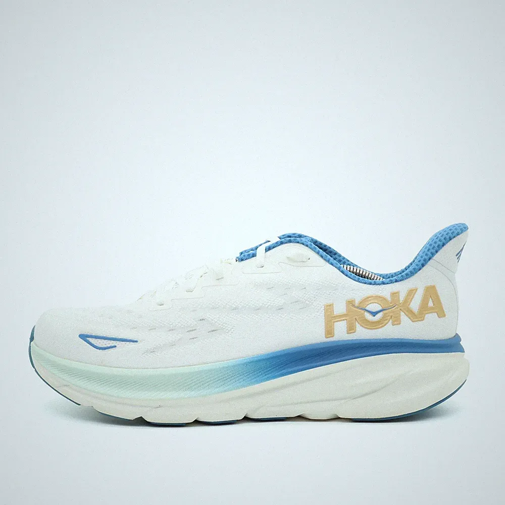 Hoka One Herren Clifton 9 Laufschuhe Weiß/Blau/Gold Mesh Niedrig Laufschuh EU 46