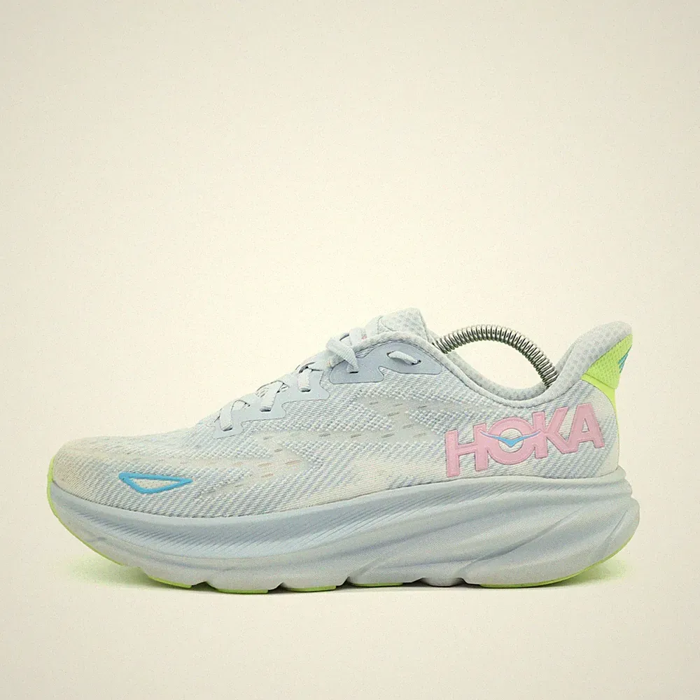 Hoka One Herren Clifton 9 Schuhe hellblau/gelb Mesh Low-Top Laufschuh EU 42 2/3