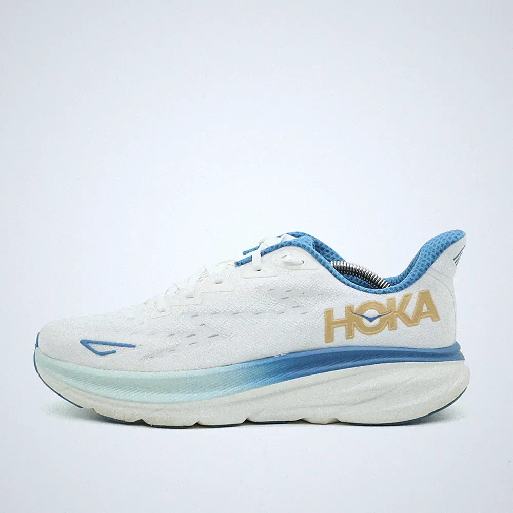 Hoka One Herren Clifton 9 Sneaker Weiß/Blau/Gold Mesh Laufschuhe EU 44 2/3