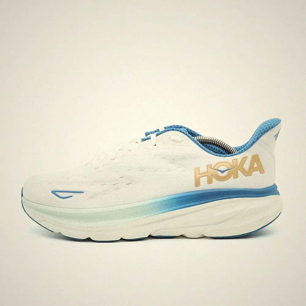 Hoka One Herren Clifton 9 Sportschuhe Weiß/Blau/Gold Dämpfung Laufschuhe EU 44⅔