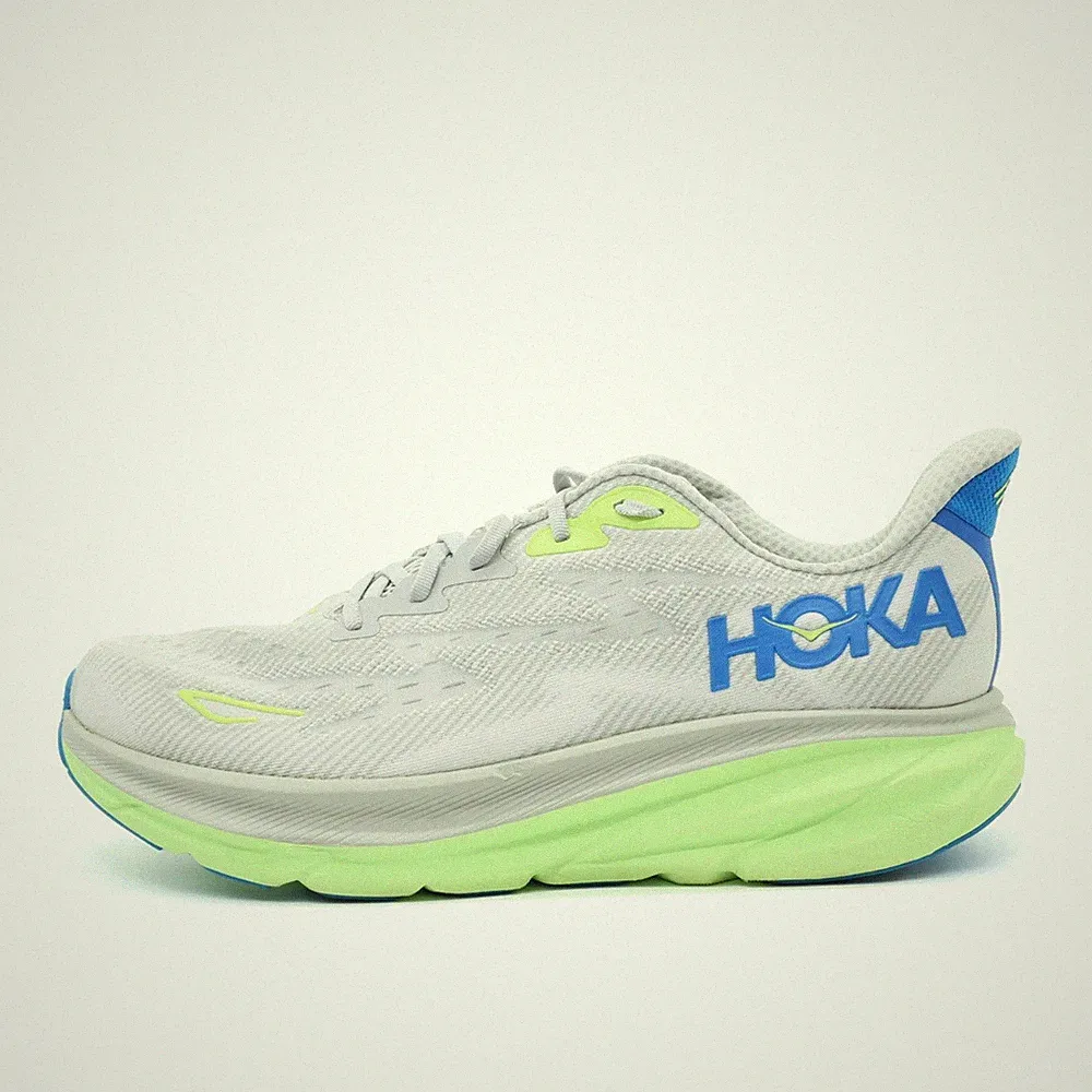 Hoka One Herren Clifton 9 WIDE Sportschuh weiß/blau/neongrü Laufschuhe EU 47 1/3