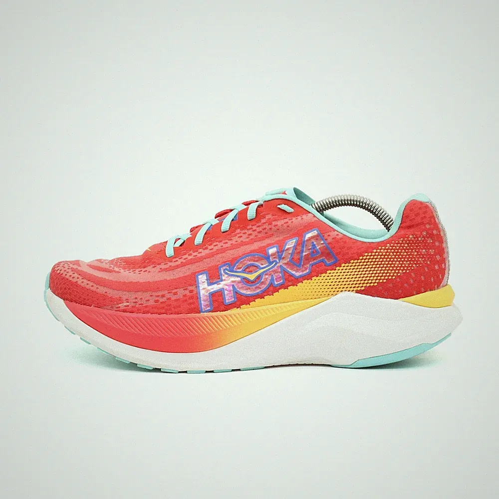 Hoka One Herren Mach X Laufschuhe Rot Gelb Türkis Mesh Low-Top Carbonsohle EU 44
