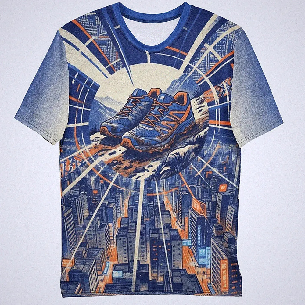 Laufschuh T-Shirt | Trail Schuhe Stadt Sonne Retro Blau Orange
