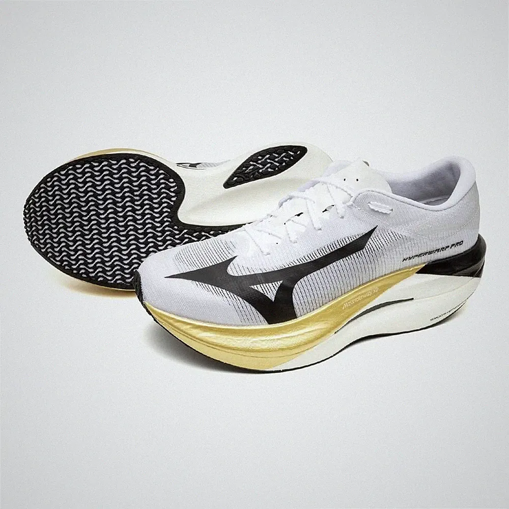MIZUNO HYPERWARP PRO J1GC2674 01 Weiß Schwarz Gold Weite 2E Laufschuhe