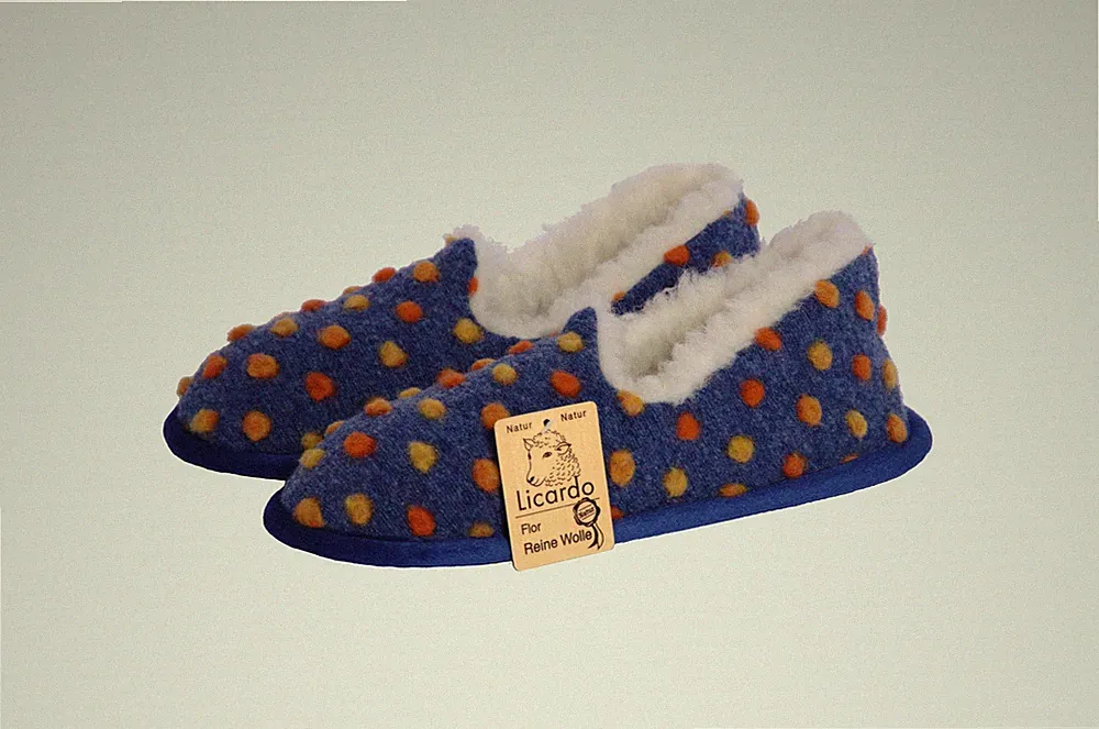 Mokassin Hausschuhe Heimschuhe Fußwärmer mit Sohle Wolle Noppen blau (40/41)