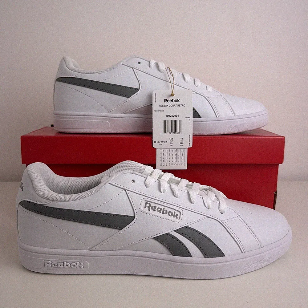 Reebok Court Retro Weiß Grau Sneaker Schuhe Neu mit Karton Größe UK 10 EU 44,5