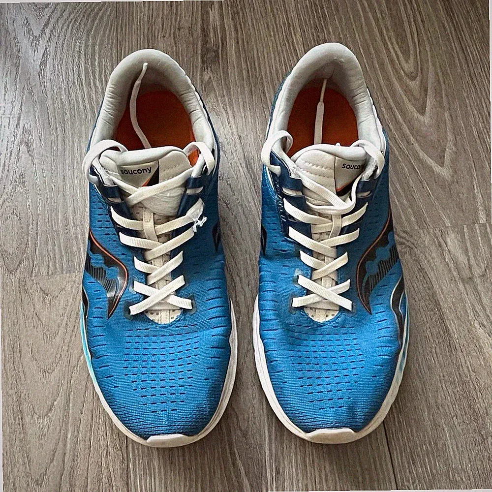 Saucony Herren Laufschuhe Sneaker PWRRUN Mesh atmungsaktiv blau/weiß/orange