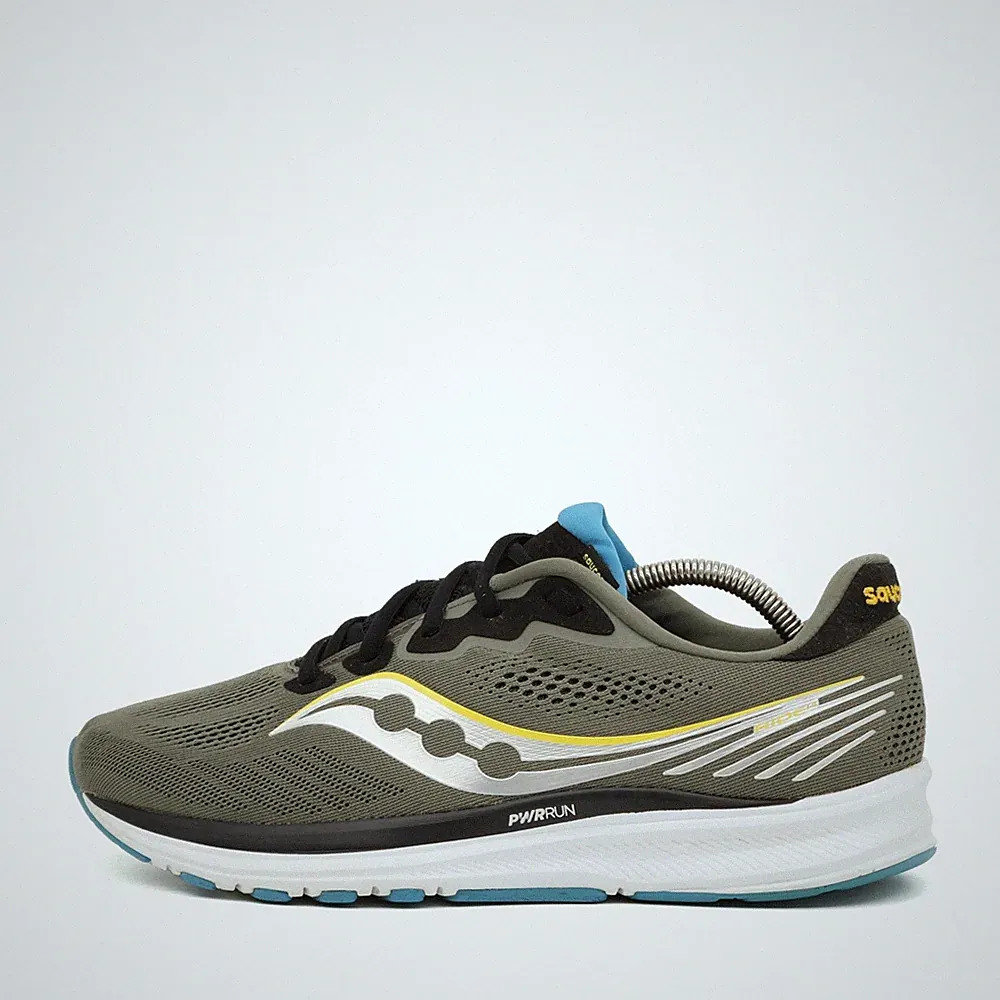Saucony Herren Ride 14 Sneaker Khaki/Gelb/Blau PWRRUN-Dämpfung Laufschuh EU 42