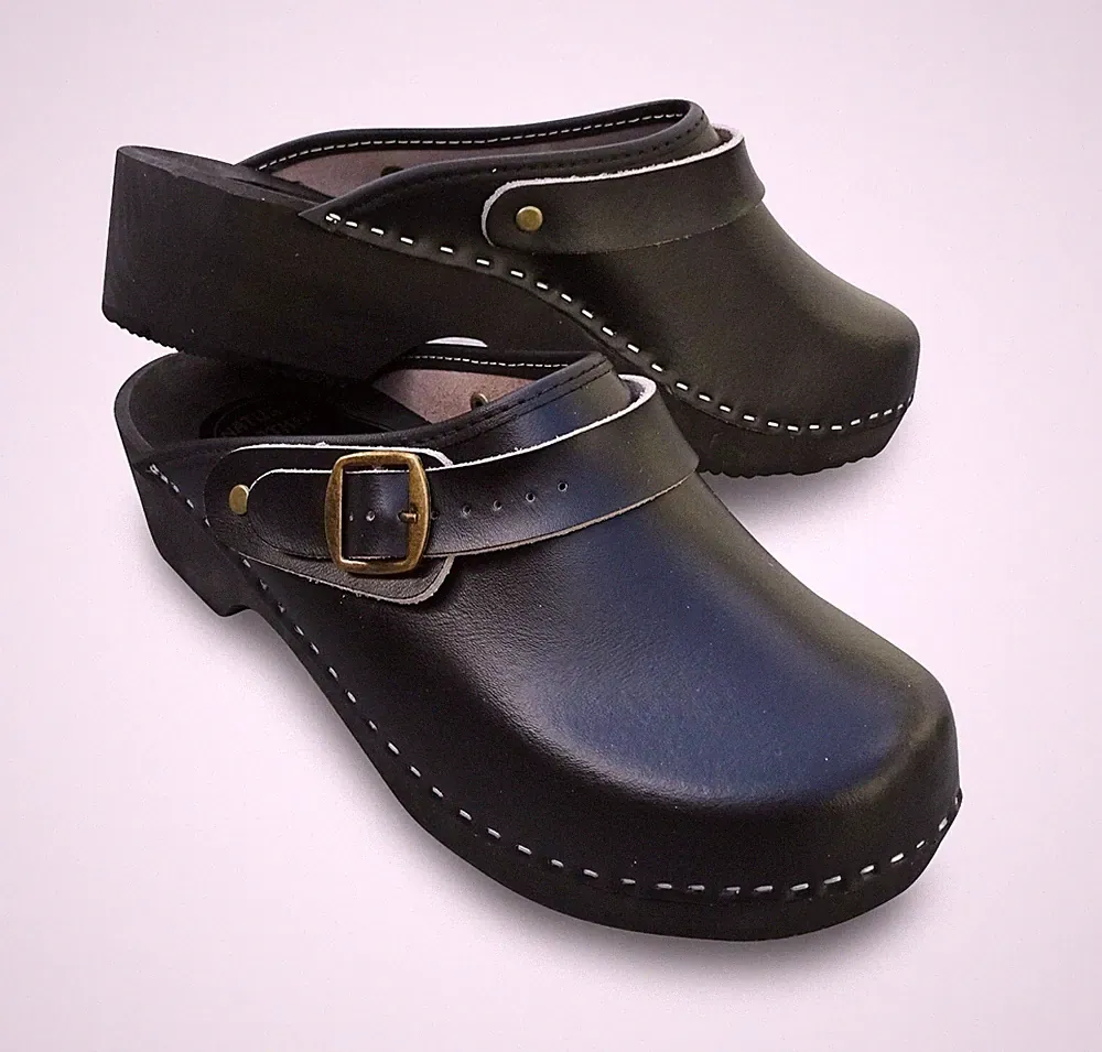 Schweden Holz-Clogs LEDER Schuhe Sandalen Holzschuhe Schwarz, Gr. 38 bis 47
