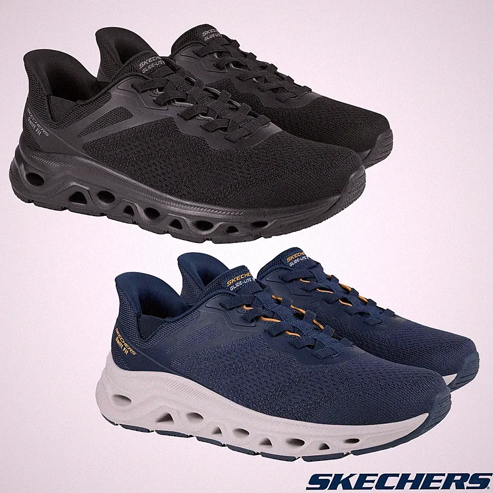 SKECHERS SNEAKER Herren Schwarz & Navy Glide-Step Slipper Skecher Wanderschuhe