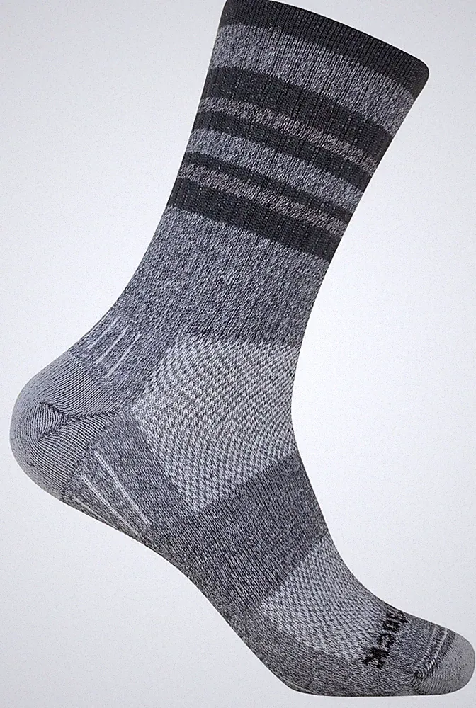 Wrightsock Profi Laufsocke Wandersocke grau dunkelgrau gestreift, Crew wadenhoch