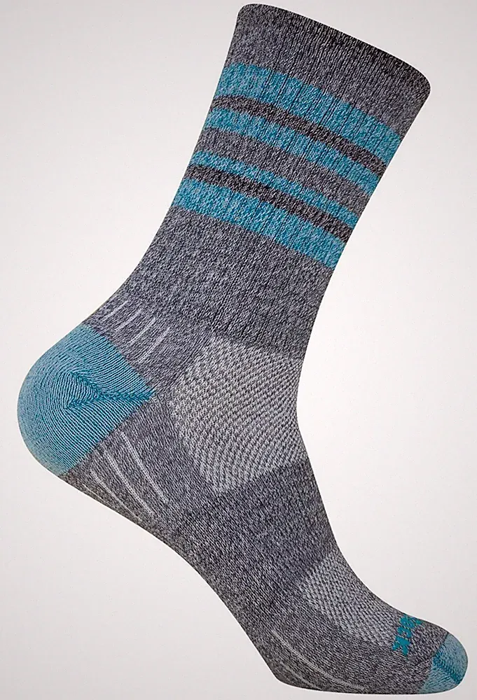 Wrightsock Profi Laufsocke Wandersocke türkis grau gestreift, Crew (wadenhoch)