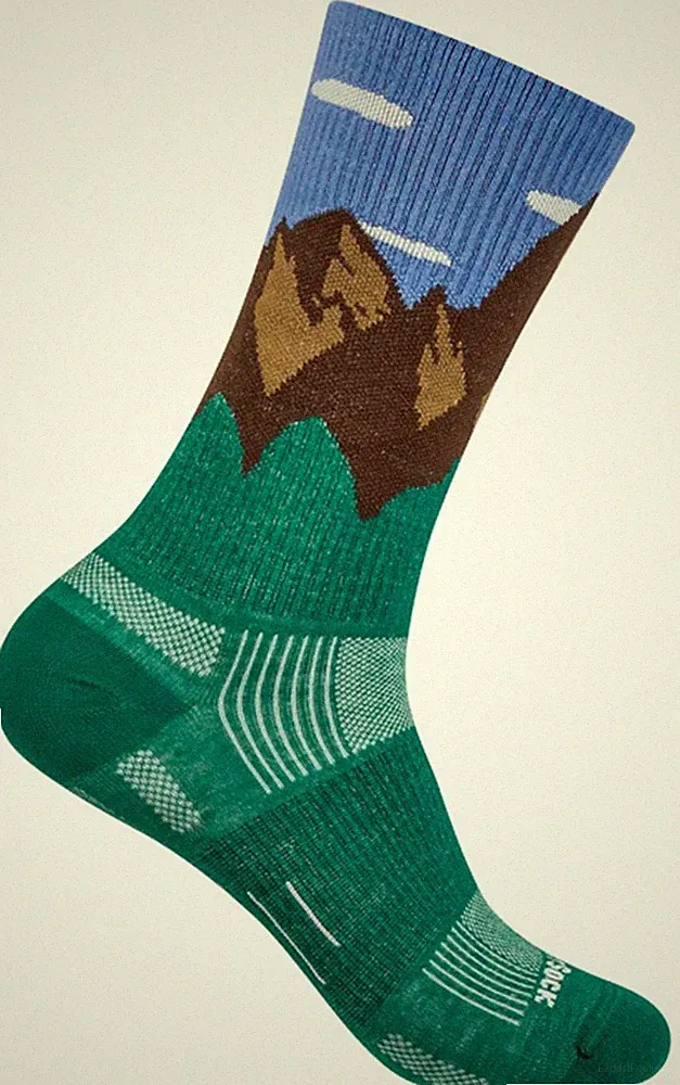 Wrightsock Wandersocke mit stylischem Bergmotiv blau braun grün Crew (wadenhoch)